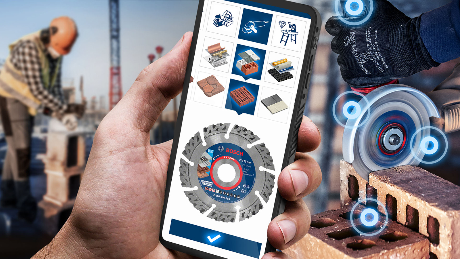 한 손이 Bosch 도구 아이콘이 있는 스마트폰을 들고 있습니다.