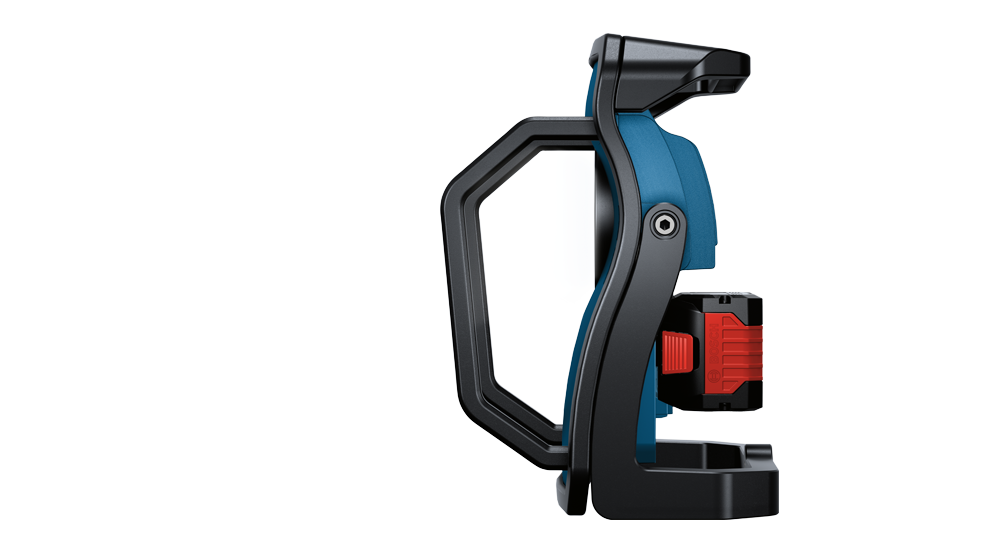 GLI 18V 10000 C 파란색 Bosch Professional 배터리 못 박기가 흰색 배경 위에 옆으로 서 있습니다.