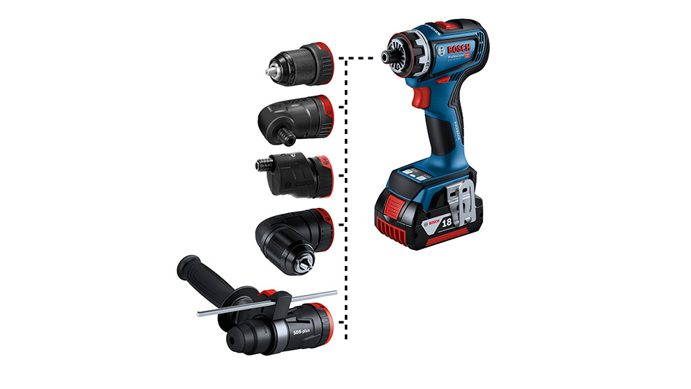 부속품이 포함된 파란색 Bosch Professional 무선 드라이버.