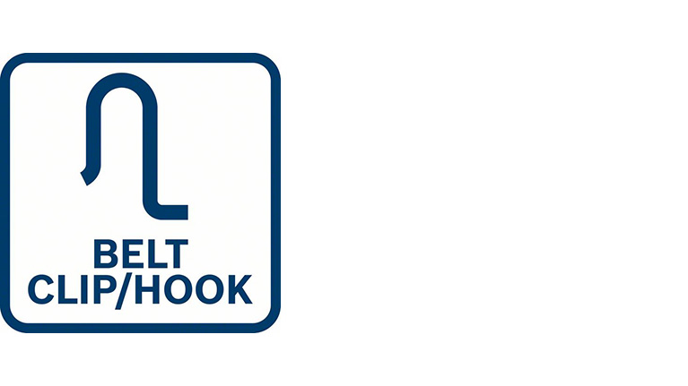 파란색과 흰색의 벨트 클립 또는 후크 로고.