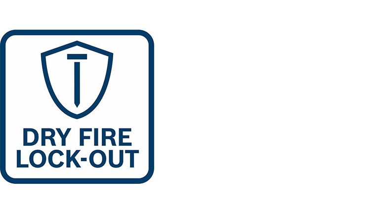 "Dry Fire Lock-Out"의 상징, 흰색 배경에 파란색으로 표시됨.