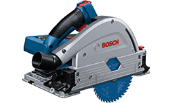 은색 케이스와 파란색 손잡이가 있는 Bosch Professional 원형 톱.