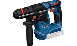 흰색 배경에 파란색 보쉬 프로페셔널 무선 해머 드릴이 있습니다.