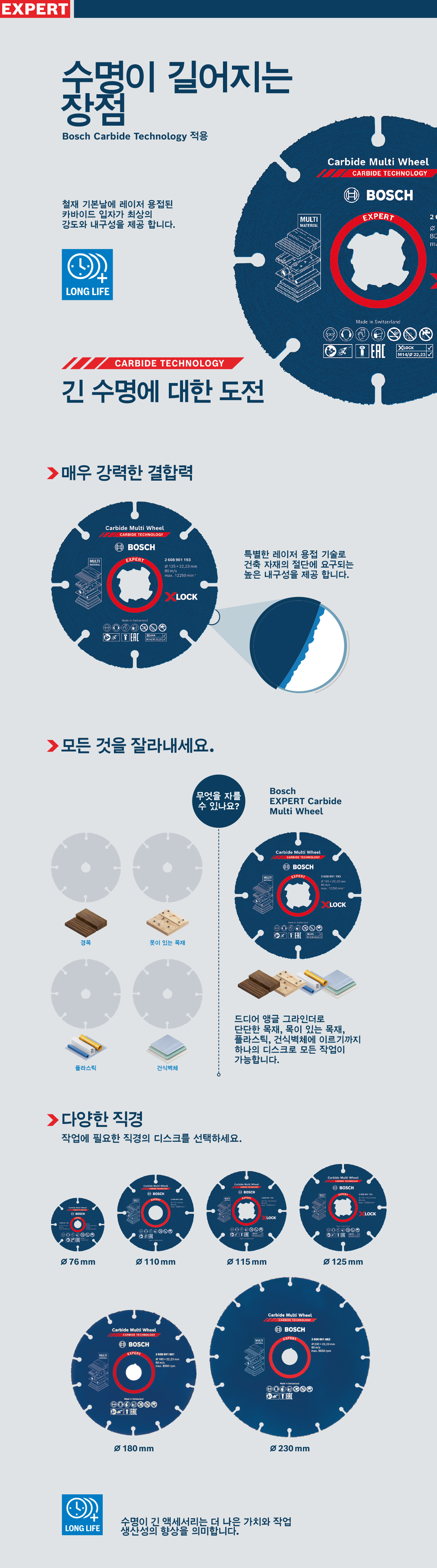 흰색 배경에 X-LOCK 시스템이 있는 파란색 Bosch Carbide 다기능 휠.