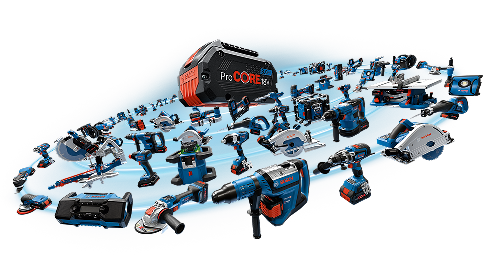 다양한 Bosch Professional 도구가 파란색 배경에 배열되어 있습니다.