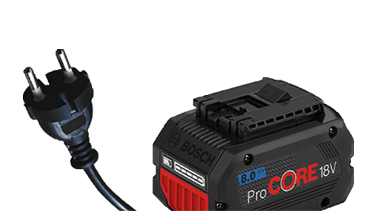검은색 Bosch ProCORE 18V 배터리와 플러그, 견고한 디자인.