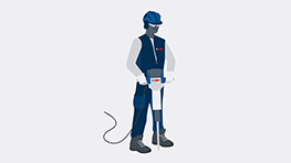 작업 아이콘 파란 헬멧을 쓴 건설 노동자가 Bosch Professional 해머를 사용하고 있습니다.