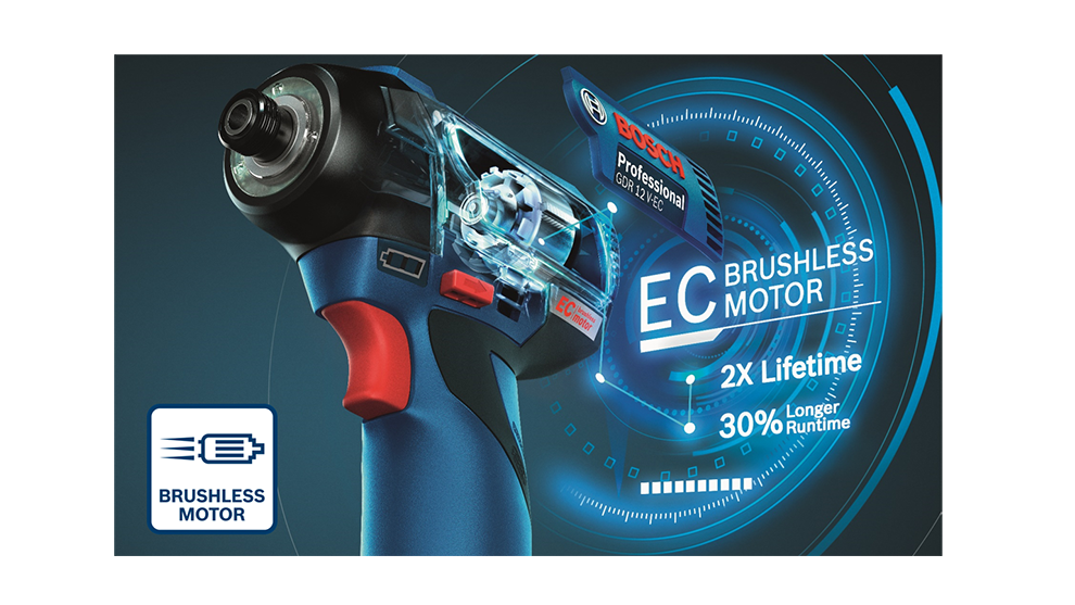 EC 모터와 로고가 있는 파란색 Bosch Professional 무선 드라이버.