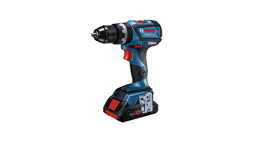 흰색 배경에 빨간 손잡이가 있는 파란색 Bosch Professional 무선 드릴.