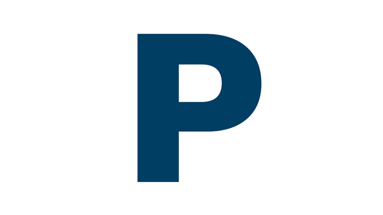 흰색 배경에 큰 파란색 'P'가 있습니다.