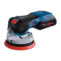 샌더 빨간 연마 디스크가 장착된 파란색 Bosch Professional 편심 샌더.
