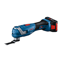 멀티커터 파란색 Bosch Professional 무선 다기능 도구가 검은 배경 위에 놓여 있습니다.