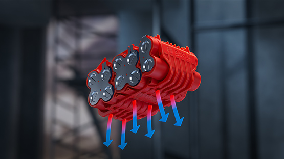 여섯 개의 검은 배터리 셀을 가진 빨간색 Bosch Professional 도구가 떠 있습니다.