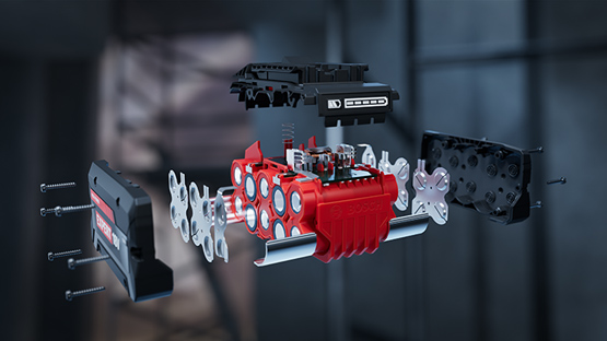 부품이 배열된 빨간색 분해된 Bosch Professional 모터 모델.