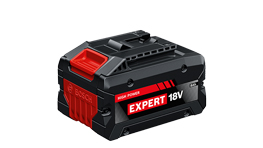 흰색 배경에 빨간 세부 사항이 있는 검은색 Bosch Expert 18V 배터리.