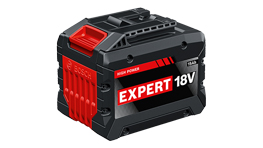 빨간 디테일이 있는 검은색 Bosch Expert 18V 배터리.