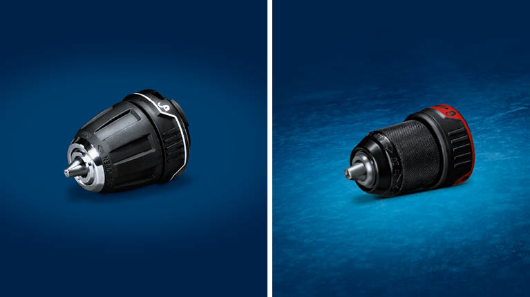 파란 배경에 있는 두 개의 보쉬 프로페셔널 드릴 척, 검정색과 빨간색.