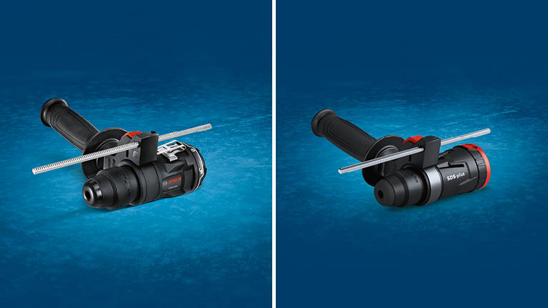 두 개의 Bosch Professional 드릴이 파란색 배경 위에 있으며, 눈금이 있습니다.