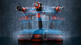 회색 배경에 파란색과 빨간색의 Bosch Professional 배터리 장치 3개.