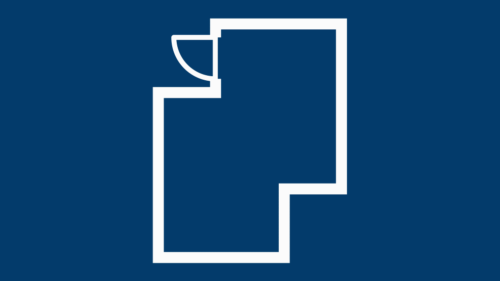 파란 배경에 흰색으로 된 방의 도식적 표현.