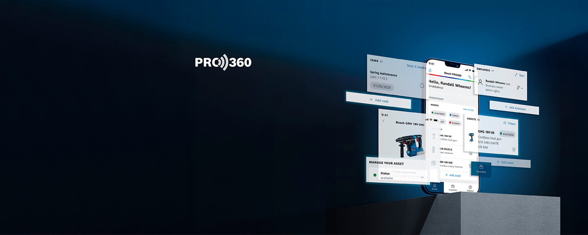 스마트폰이 밝은 배경에 도구 정보를 포함한 Bosch Professional 앱을 보여줍니다.