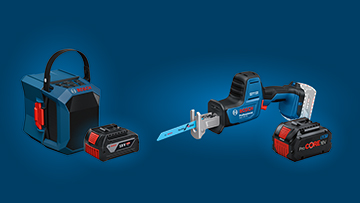 배터리 톱, 두 개의 배터리 및 휴대용 상자가 포함된 파란색 도구 세트입니다.