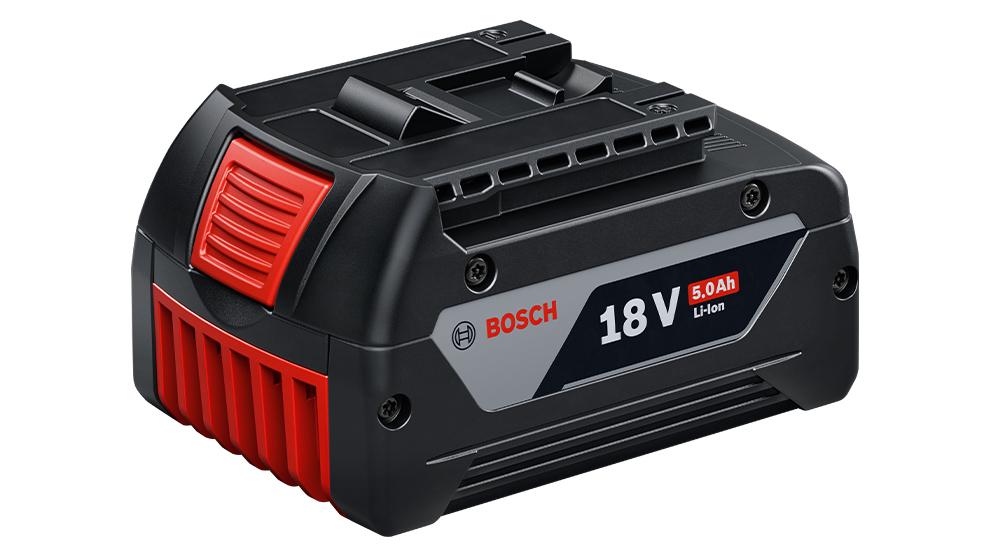 빨간 디테일이 있는 검은색 Bosch Professional 배터리, 18V, 5.0Ah.