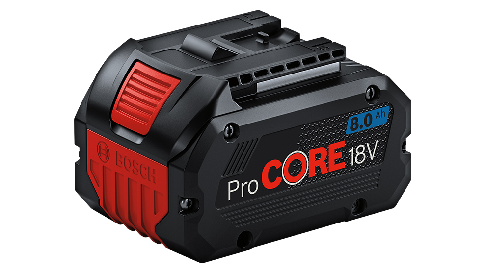 빨간 디자인의 검은색 Bosch Professional 18V 배터리, 8.0 Ah.