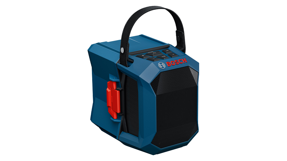 파란색 손잡이가 있는 Bosch Professional 블루투스 스피커.