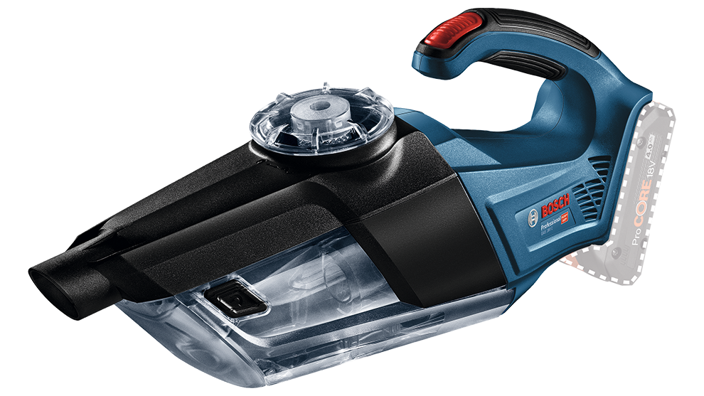 파란색 Bosch Professional 핸드 진공청소기가 검은 배경 위에 선명한 선과 세부 사항으로 놓여 있습니다.