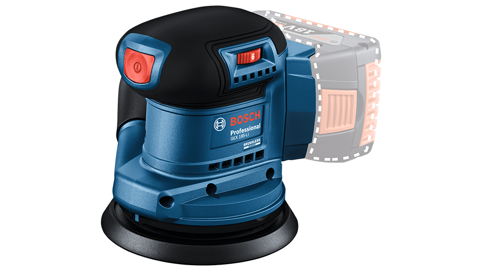 검은 배경에 검은 손잡이와 빨간 스위치가 있는 파란색 Bosch Professional 원형 샌더.