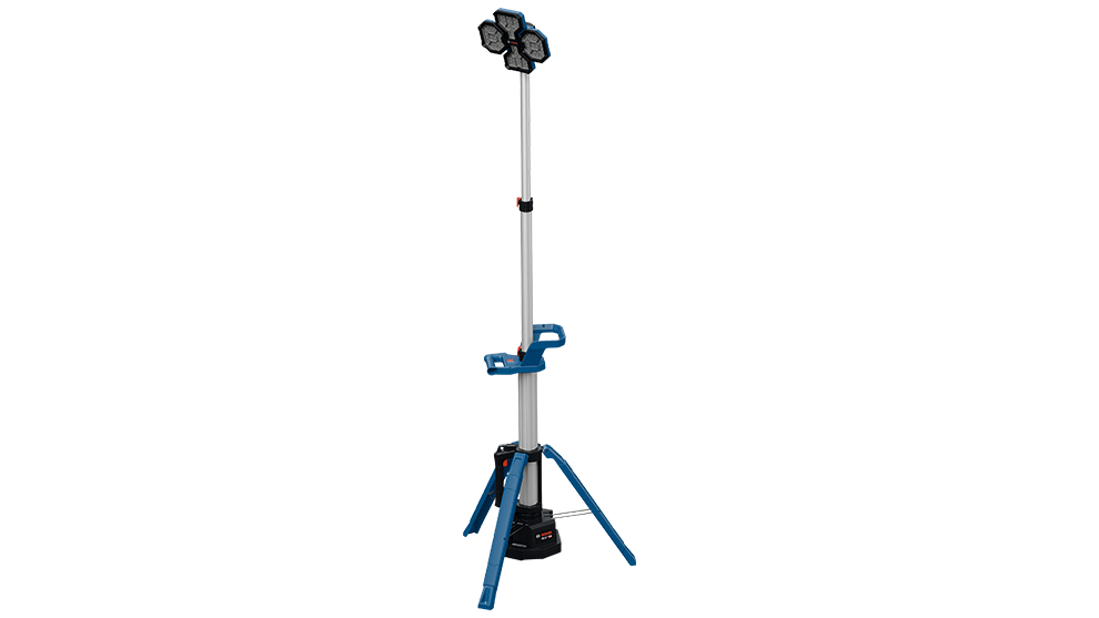 높이 조절이 가능한 삼각대에 두 개의 램프 헤드가 있는 파란색 Bosch Professional 작업 조명.