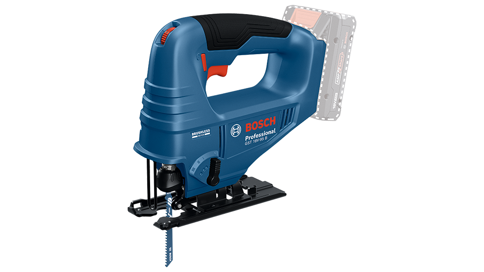 파란색 Bosch Professional 무선 직소가 검은 배경 위에 있습니다. 이 톱은 인체공학적 손잡이와 보이는 날이 있습니다.