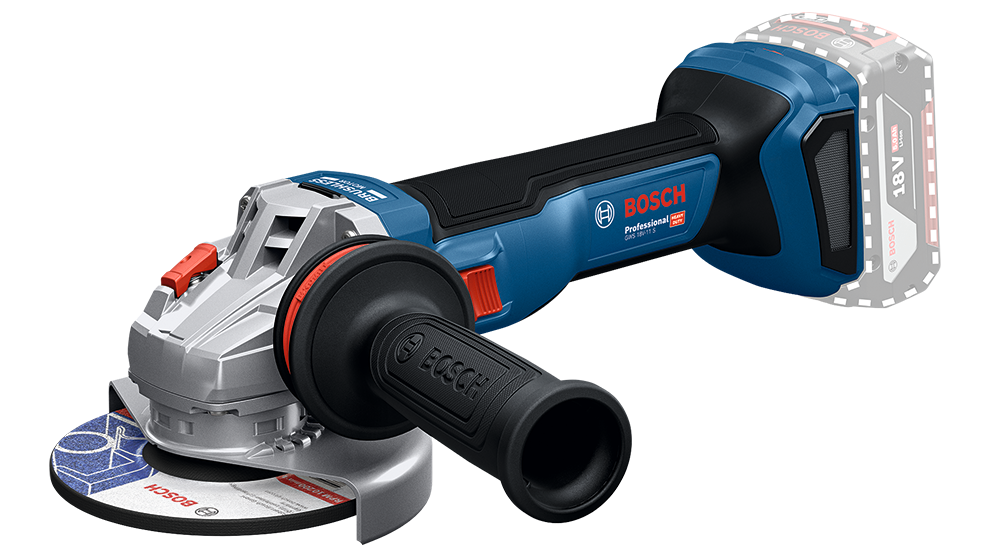 검은 배경 위에 검은 손잡이와 빨간색-흰색 디테일이 있는 파란색 Bosch Professional 무선 각도 연마기가 놓여 있습니다.