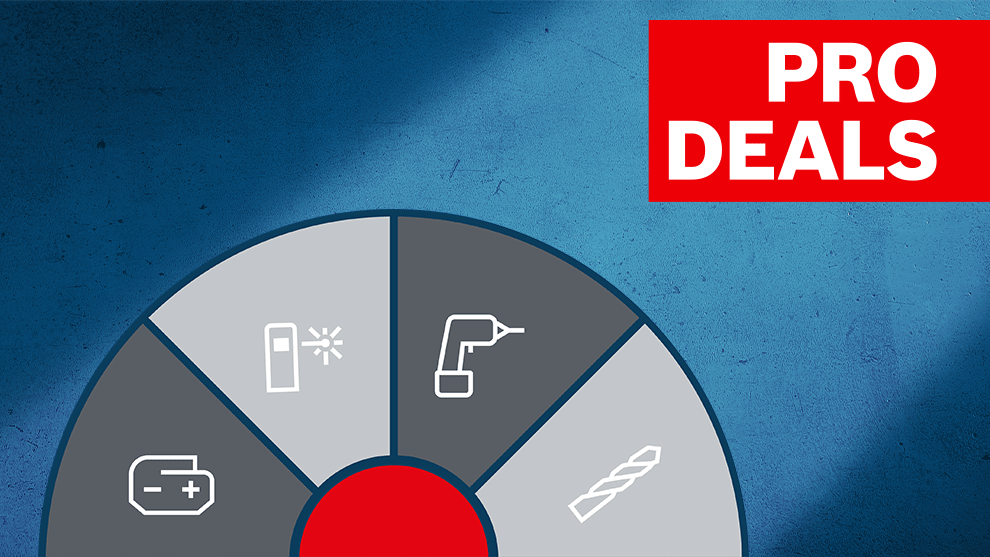 파란 배경에 빨간색 "PRO DEALS" 텍스트와 도구 아이콘이 있는 그래픽.