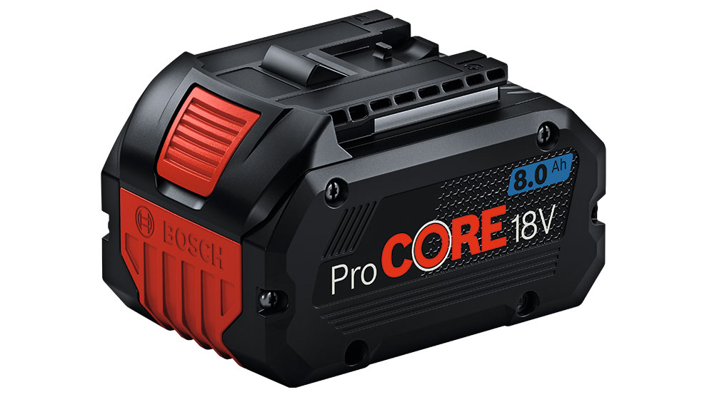 빨간색 디테일이 있는 검은색 Bosch Professional ProCORE 18V 배터리.