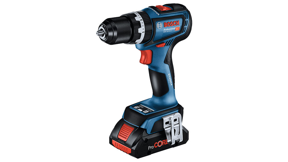 파란색 Bosch Professional 무선 드라이버가 흰색 배경 위에 있습니다.