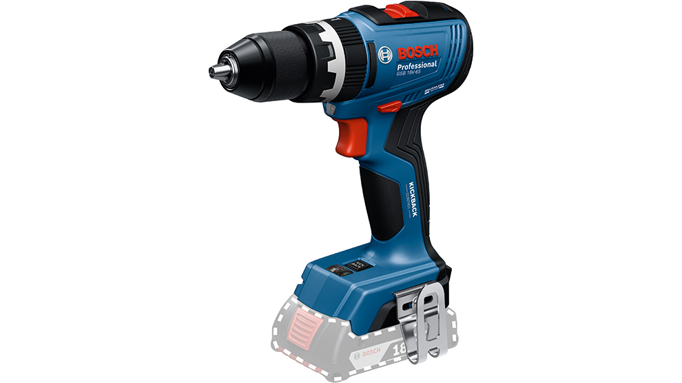 흰색 배경 위에 검은 드릴 척이 있는 파란색 Bosch Professional 무선 드라이버가 있습니다.