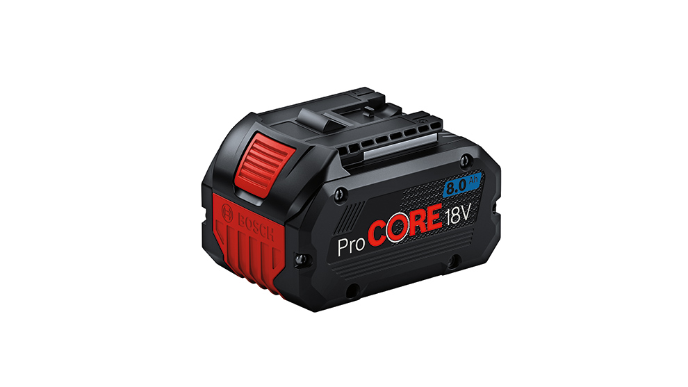 흰색 배경에 빨간색 포인트가 있는 검은색 Bosch Professional ProCORE 18V 배터리, 8.0 Ah.