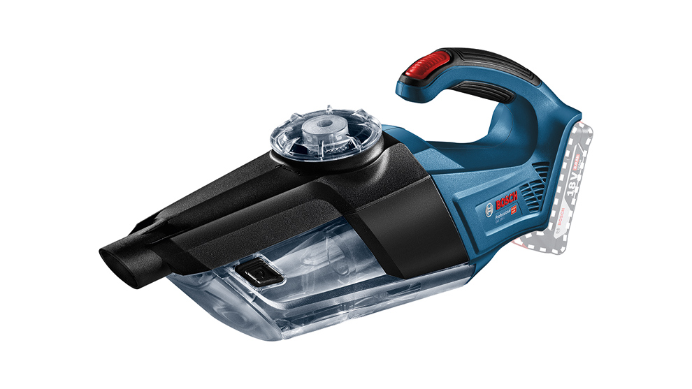 투명한 먼지통이 있는 파란색 Bosch Professional 무선 진공청소기가 흰색 배경 위에 있습니다.