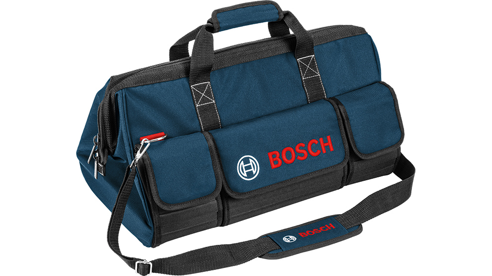 붉은 글씨와 여러 개의 수납공간이 있는 Bosch Professional의 어두운 파란색 공구 가방.
