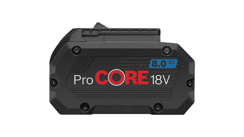 검은색 배경에 8.0 Ah 용량의 검은색 Bosch ProCORE 18V 배터리.
