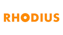 흰색 배경에 주황색 RHODIUS 로고.