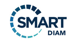 SMART DIAM 로고, 원형 디자인의 파란 글씨.