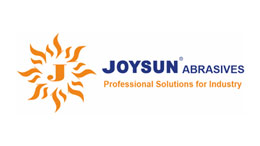 Joysun Abrasives의 로고, 스타일화된 태양과 텍스트가 포함되어 있습니다.